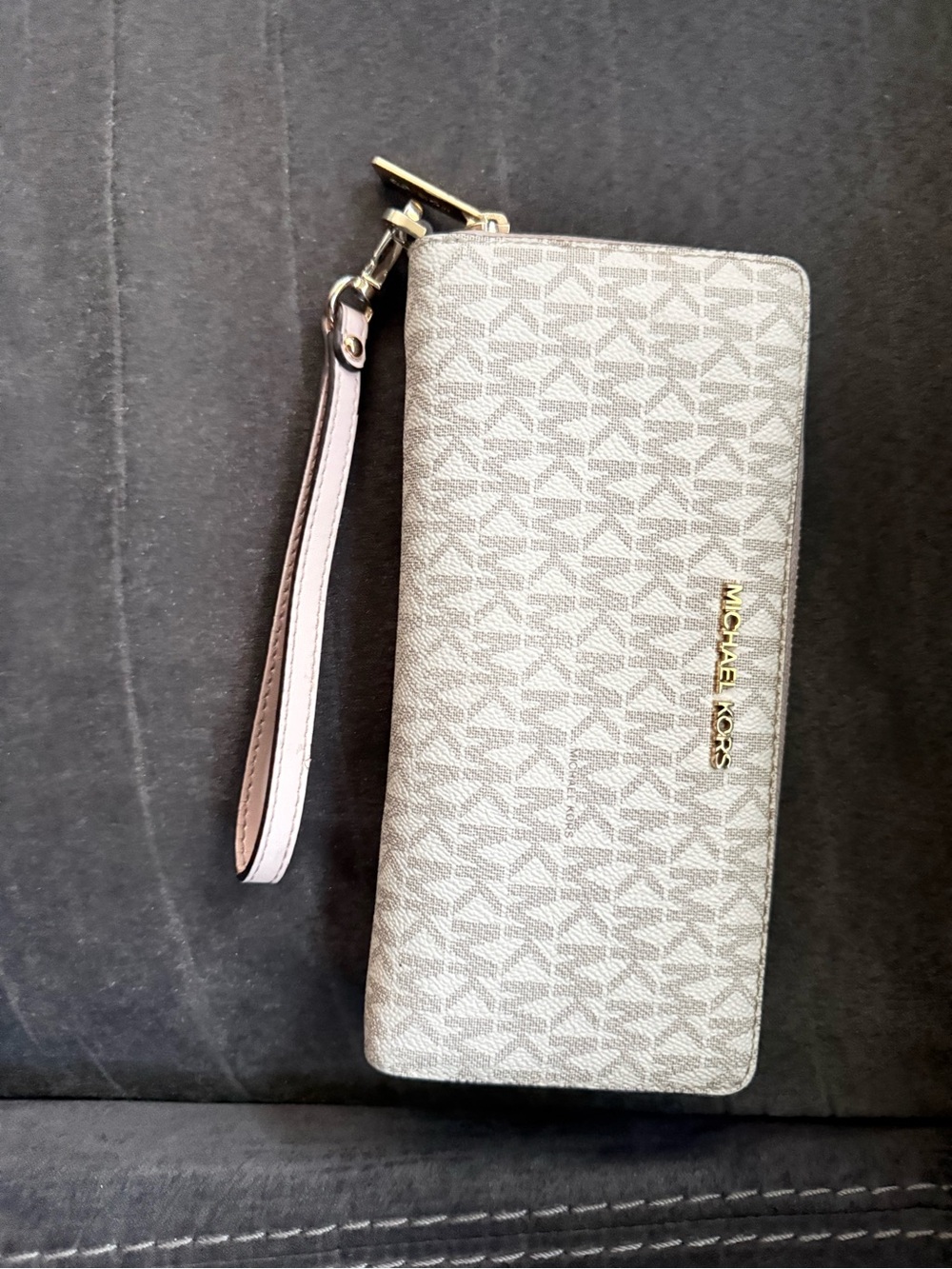 Michael Kors Beige Signature Zip-Around Wristlet with Gold Logo